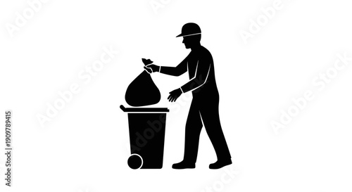 Silhouette of a man disposing of trash in a wheeled bin.