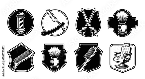Set of vintage barber shop emblems with essential tools and equipment.