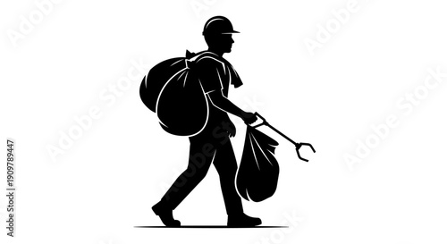 Silhouette of a person carrying trash bags and a grabber tool, walking in profile.
