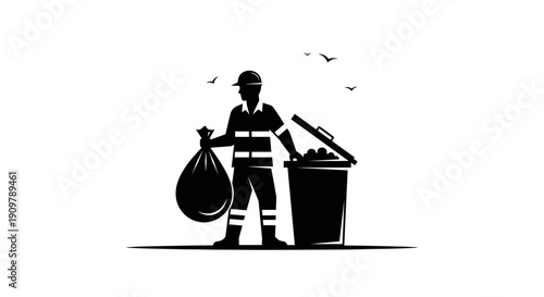 Silhouette of a sanitation worker with trash bag and bin.