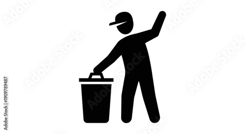 Silhouette of a person holding a trash can, symbolizing waste disposal and cleanliness.