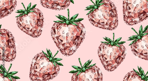 Sparkling Rose Gold Diamond Strawberries Seamless Pattern on Pink Background