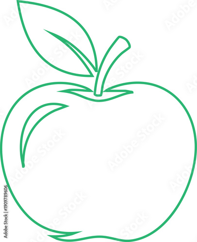 Outline of a green apple with a leaf and stem on a white background fruit