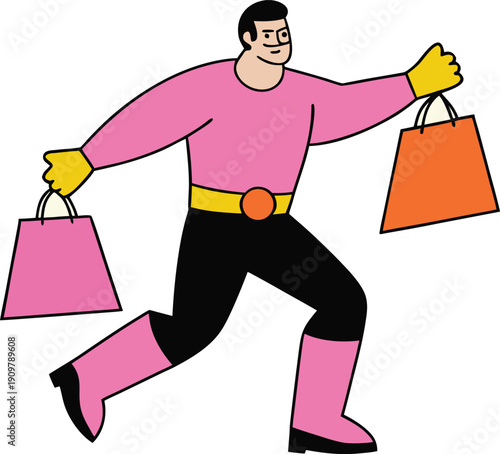 Retro hero collecting shopping power ups during cyber monday