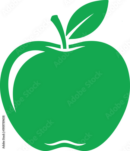 Green silhouette of a single apple with a stem and leaf on a white background Keywords: apple