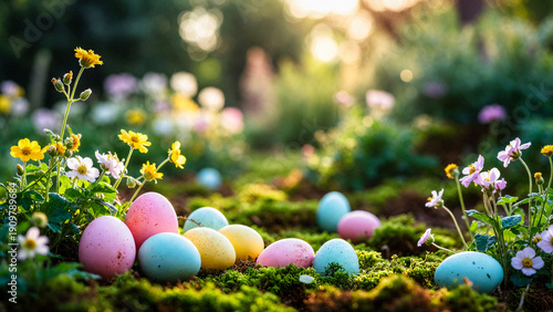 Colorful Easter eggs nest among mossy flowers in a sunlit garden.