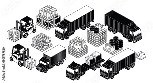 Isometric illustration of logistics vehicles cargo and stacked goods