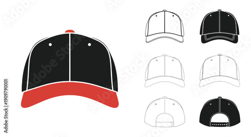 Illustration of baseball caps in various colors and styles