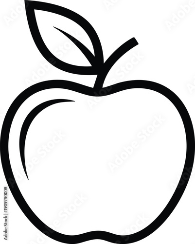 Bold black outline of a classic apple with a single leaf on a clean white background