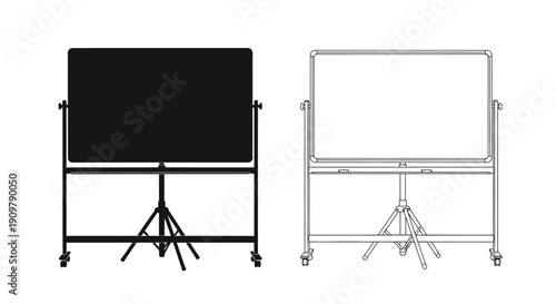 Two mobile whiteboards one black displayed in a linear arrangement