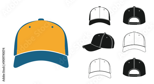 Baseball cap designs in various colors and perspectives