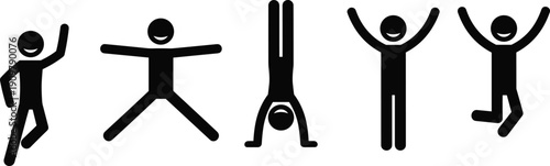 Happy Stickman Figures Set Jumping Celebrating Dancing And Doing Handstands Expressing Joy Success Freedom Energy Positivity And Achievement In Vector Illustration