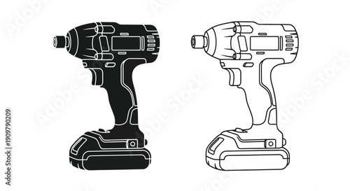Two depictions of an impact driver tool in contrasting colors