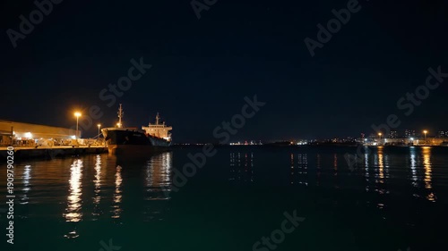 Cargo ship docked at port at night with city lights reflecting in the water.