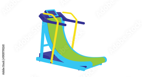 Cartoon illustration of a blue and green indoor treadmill for exercise