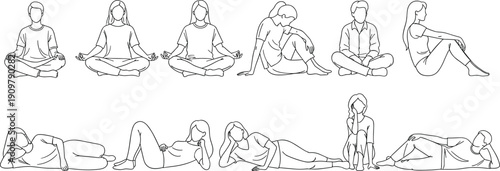 Line art collection of people sitting and lying down, diverse characters in relaxation poses, yoga meditation and resting vector silhouettes,