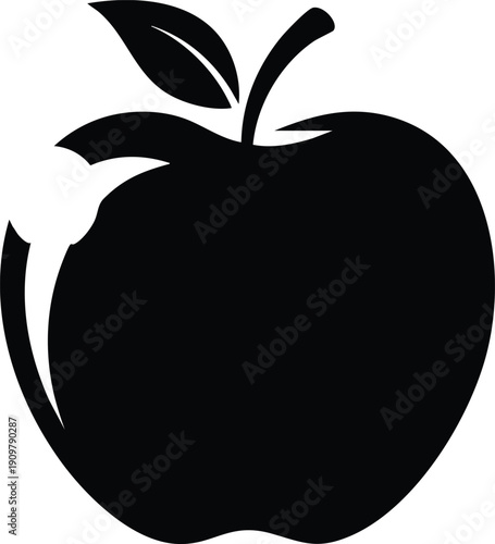Black silhouette of an apple with a single leaf and stem on a white background fruit