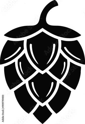 Black silhouette of a single hop cone with layered petals and stem on white Keywords: hop, cone