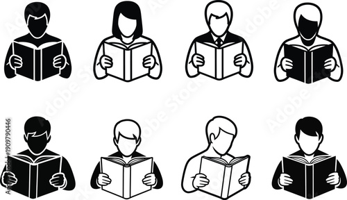 Diverse group of people reading books in a line