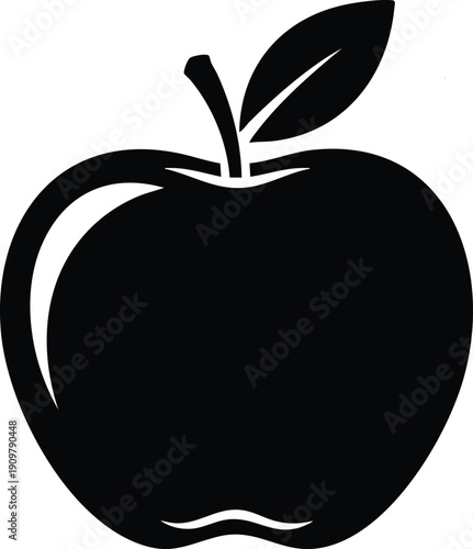 Black silhouette of a single apple with a stem and leaf on a white background Keywords: apple