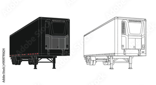 Semi truck trailer blueprints a dark and a line art rendering