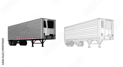 Detailed illustrations of a refrigerated semi trailer truck from two perspectives