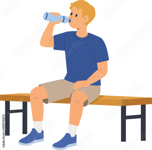 Boy sits on bench while drinking water to stay hydrated after playing sports at a park on a sunny day in the afternoon