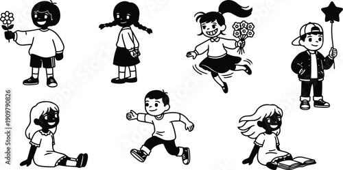 Line art close up rows of playful children holding flowers books and star wand running jumping sitting in joyful poses