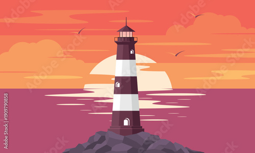 Lighthouse on rocks. Sea sunset with clouds and seagulls. Nature landscape and seascape. 