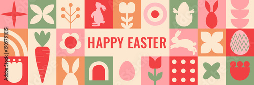 Festive decorative mosaic. Retro geometric Easter mosaic with flowers and cheerful banners