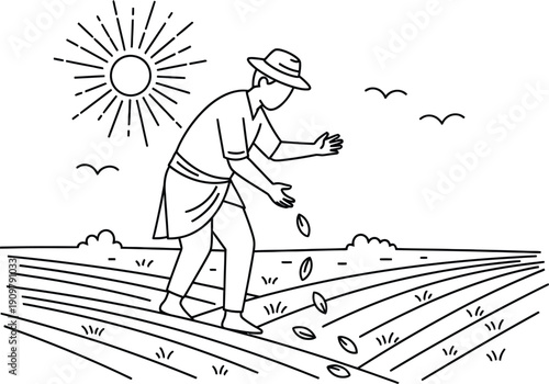 Man planting seeds in a field on a sunny day isolated on transparent background
