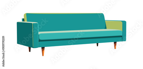 Modern turquoise sofa with wooden legs isolated on transparent background for interior furniture