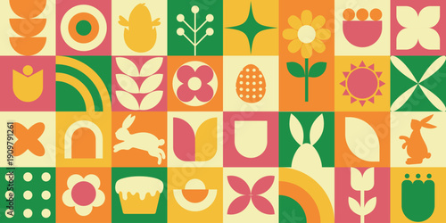 Colorful floral collage. Bright spring inspired mosaic with playful animal and geometric elements