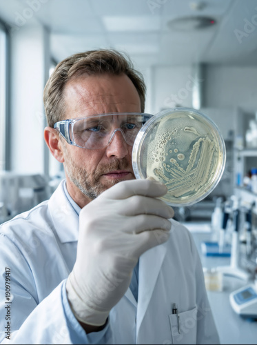 Scientist examining a Petri dish with microbial culture in a clinical laboratory. Researcher wearing safety glasses observes a Petri dish with bacterial growth in a microbiology laboratory
