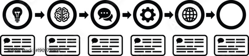 Minimalist flat design process flow icons lightbulb brain chat gear globe sequential infographic landscape black white step by step vector