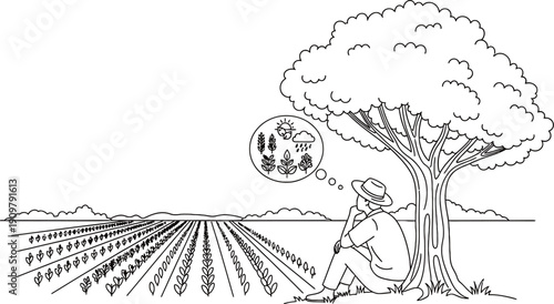 A black and white illustration of a man sitting under a tree isolated on transparent background