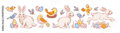 Hand-drawn Easter set in minimalist sketch style. Vector collection featuring cute rabbits, decorated eggs, spring birds and floral elements. Elegant black outlines on white background.
