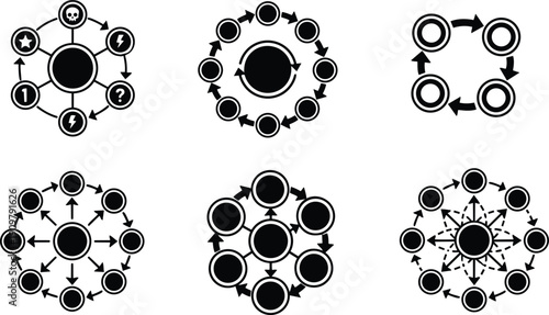 Minimalist vector hub and spoke network icons set radial arrows circle nodes central node connectivity diagram black silhouette flat simple