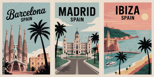 Spain travel poster, Barcelona palm tree and Madrid Palace of Communication vintage style city poster