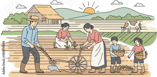 Family working together in garden isolated on transparent background