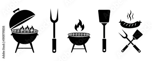 Bbq grill icon set. Barbecue tools, spatula, grill fork, picnic fire minimal black vector.
