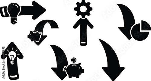 Flat design silhouette arrows and finance icons piggy bank lightbulb gear pie chart downward and upward arrows close up vector