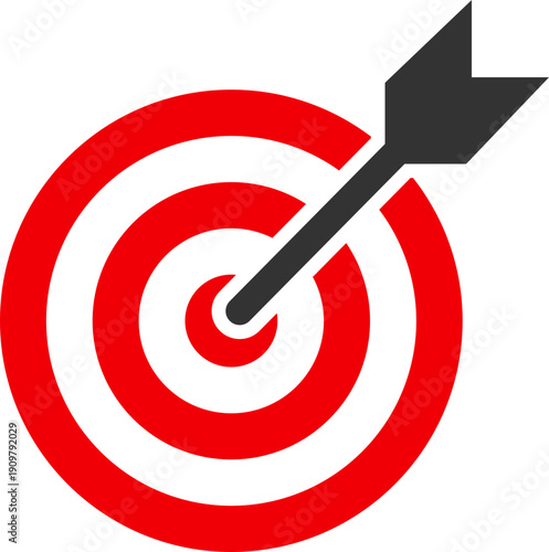 Red and black dartboard with arrow hitting the bullseye, symbolizing success and precision