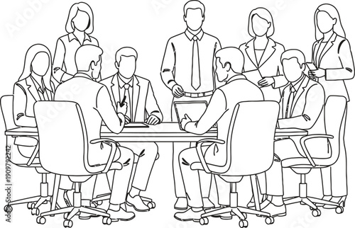 Black and white illustration of business people meeting isolated on transparent background