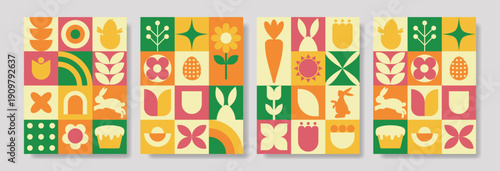 Four panel spring card set showcasing cohesive geometric motifs across coordinated layouts, bold color blocks in pastel yellow, green and coral, mockup ready composition