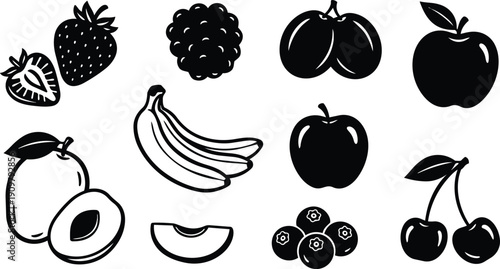 Flat design minimal black fruit icon set close up assorted cherries apple banana strawberry blackberry blueberry plum peach mango slice