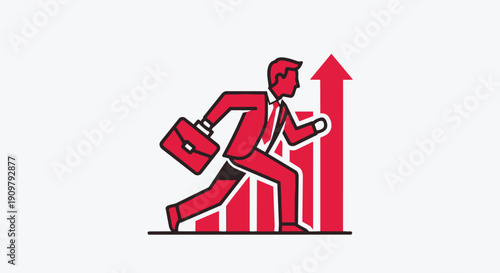 Businessman running up a red graph with an upward arrow