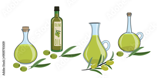 Olive oil in flat modern minimalistic style. Botles and garafes, olive leaves and branches. Vector illustrations isolated on white.