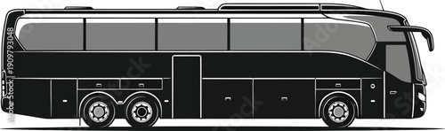 Black silhouette of long passenger bus with triple axles from side view profile