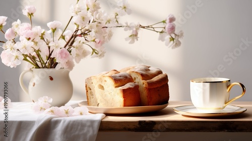 cup of tea and pieces of cake 